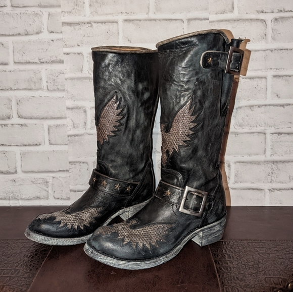 NEW Old Gringo Iron Eagle Black Distressed Riveted Biker Boots size 6.5 - Picture 3 of 13